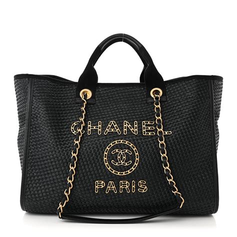 chanel straw raffia calfskin chain small deauville tote beige black|chanel deauville tote black.